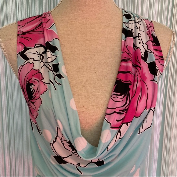 Floral Dotted Print Slinky Cowl Neck Sleeveless Top - Picture 2 of 14